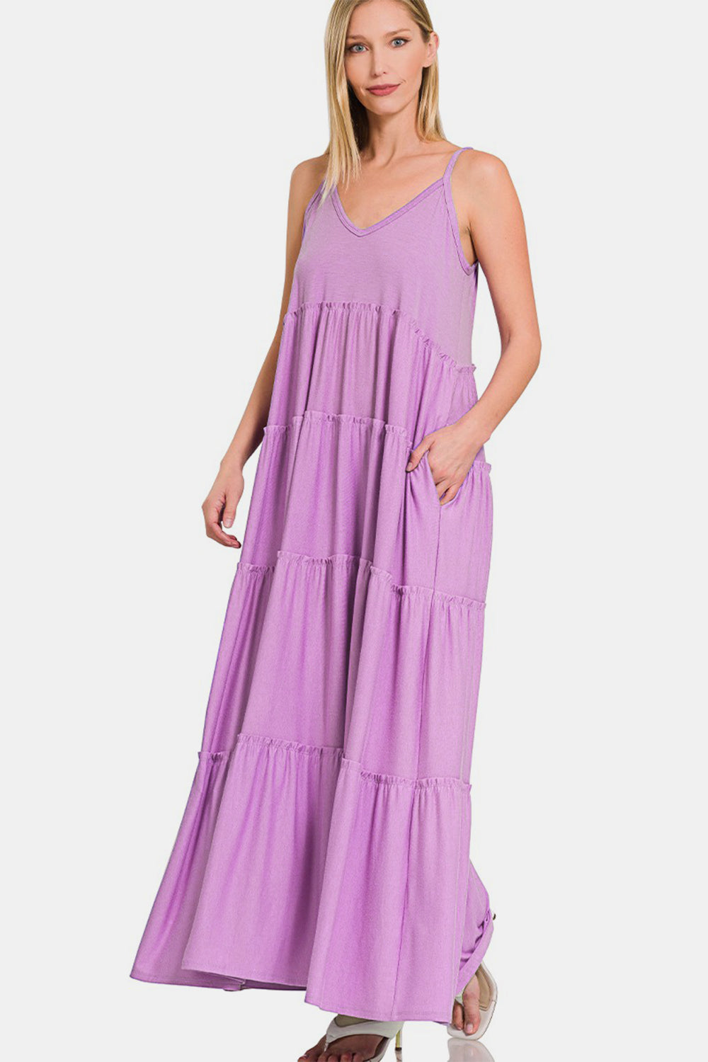 Blue Zone Planet | Zenana Frill Tiered V-Neck Maxi Cami Dress BLUE ZONE PLANET