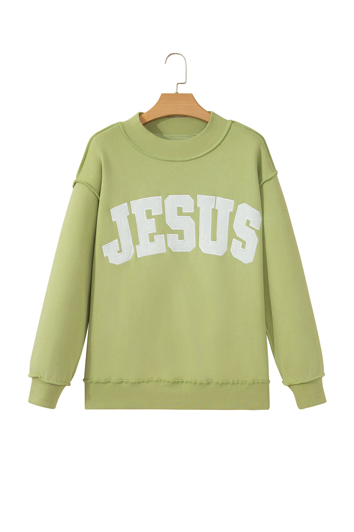 Meadow Mist Green JESUS Letter Patch Graphic Exposed Seam Mock Neck Baggy Sweatshirt