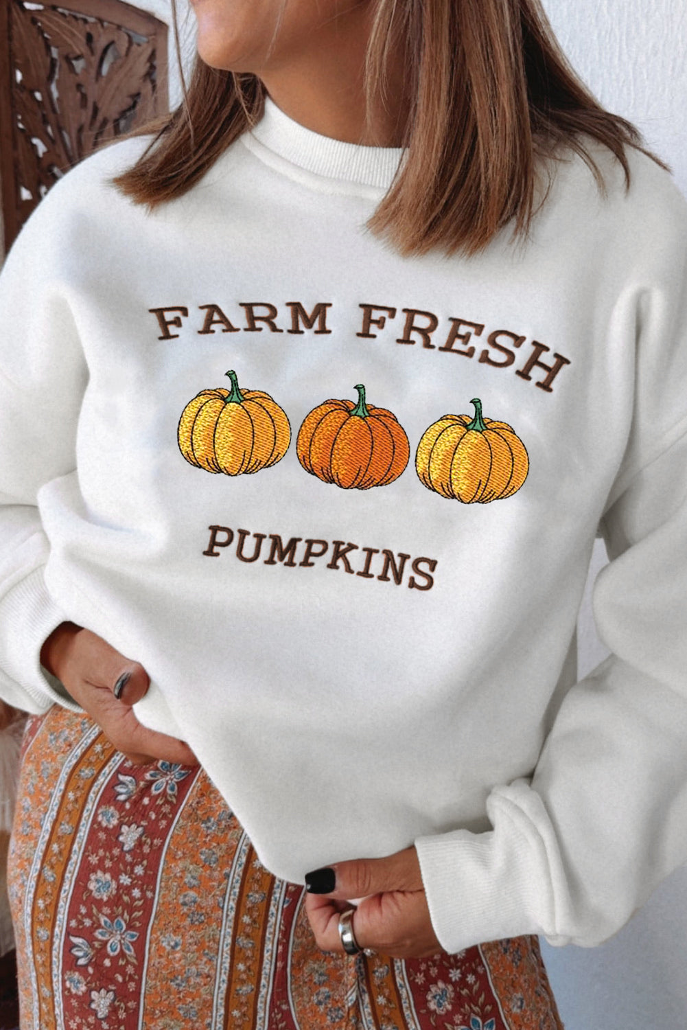 White Farm Fresh Pumpkins Embroidered Graphic Thanksgiving Holiday Sweatshirt