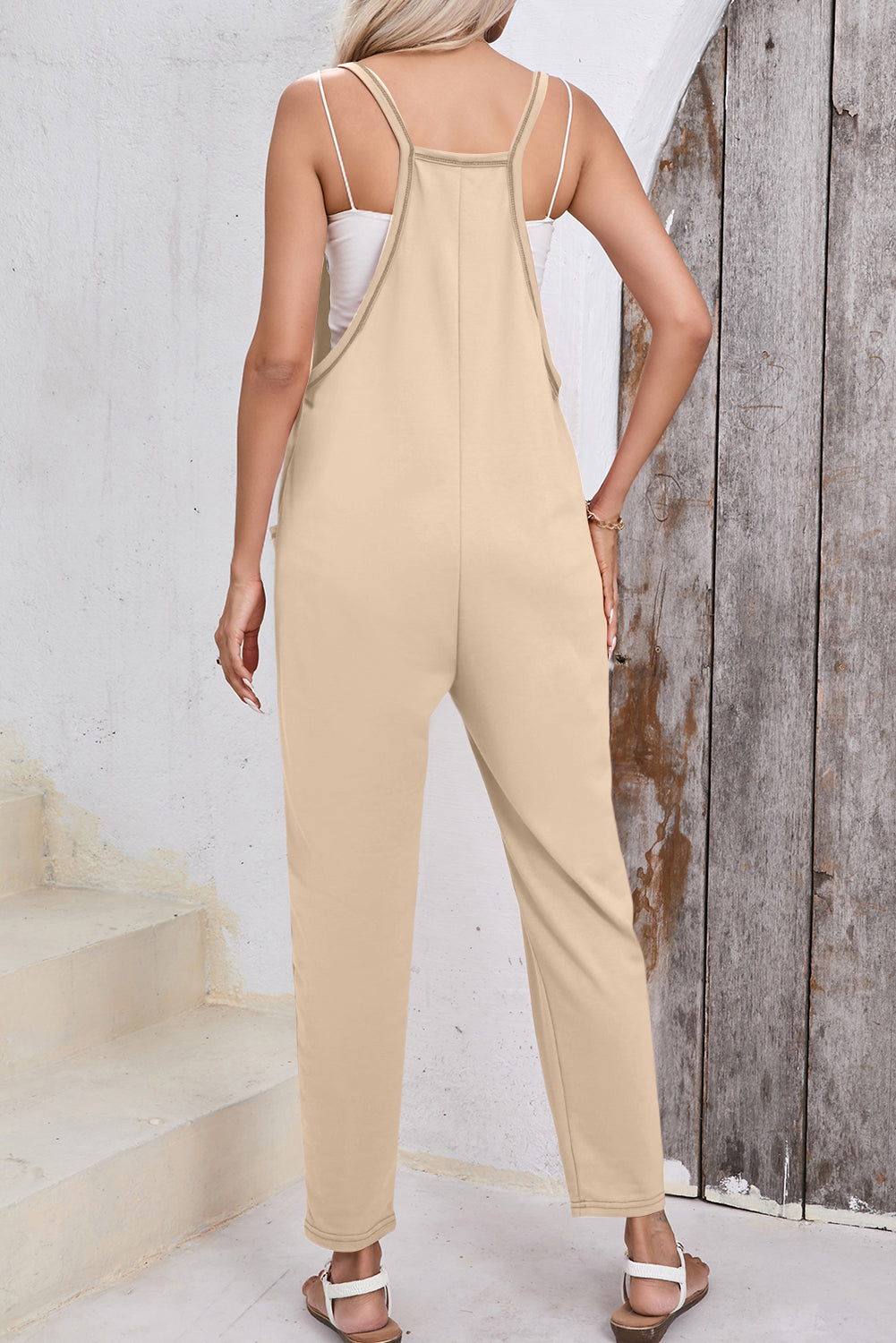 Blue Zone Planet | Apricot Side Pockets Harem Pants Sleeveless V Neck Jumpsuit Blue Zone Planet