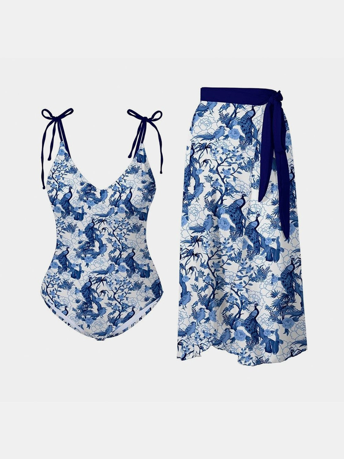 Blue Zone Planet | Printed Tie Shoulder Swimwear and Skirt Swim Set BLUE ZONE PLANET