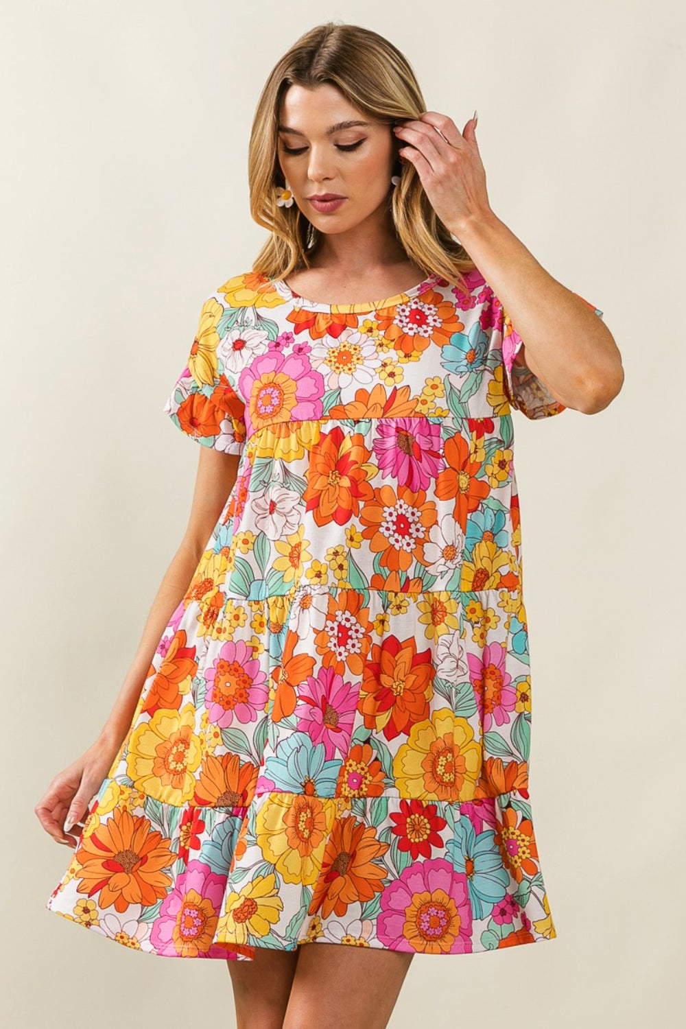 Blue Zone Planet |  BiBi Floral Short Sleeve Tiered Dress BLUE ZONE PLANET