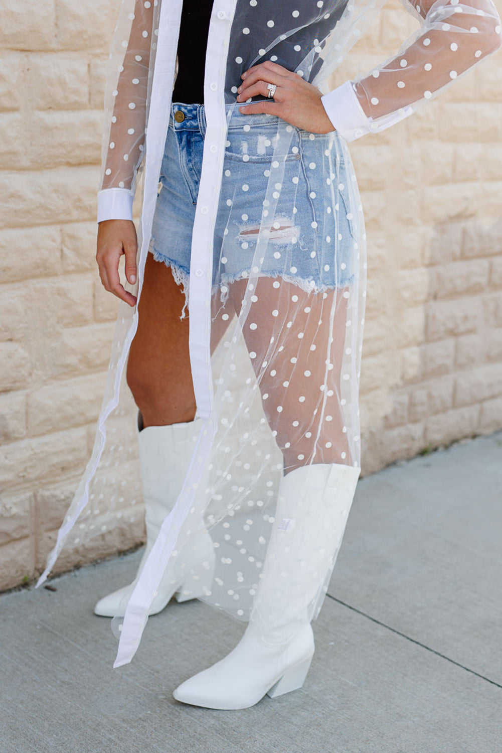Blue Zone Planet | White Polka Dot Print Collared Buttoned Mesh Duster Kimono Blue Zone Planet
