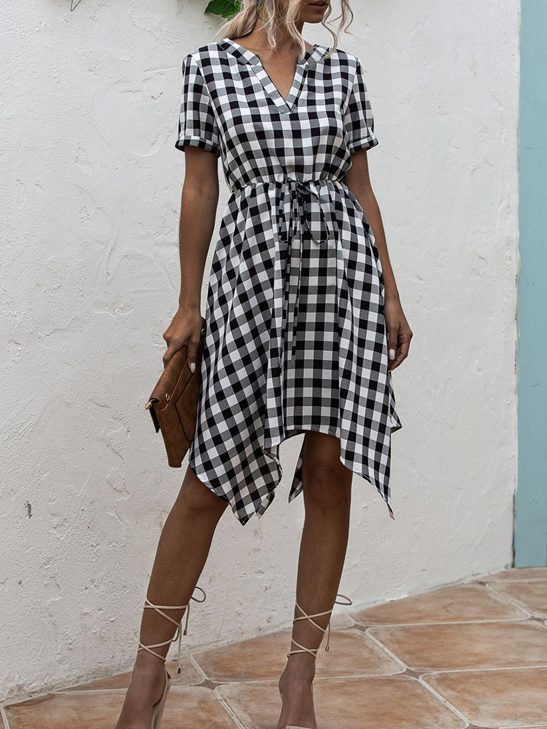 Blue Zone Planet | Plaid Notched Short Sleeve Dress BLUE ZONE PLANET