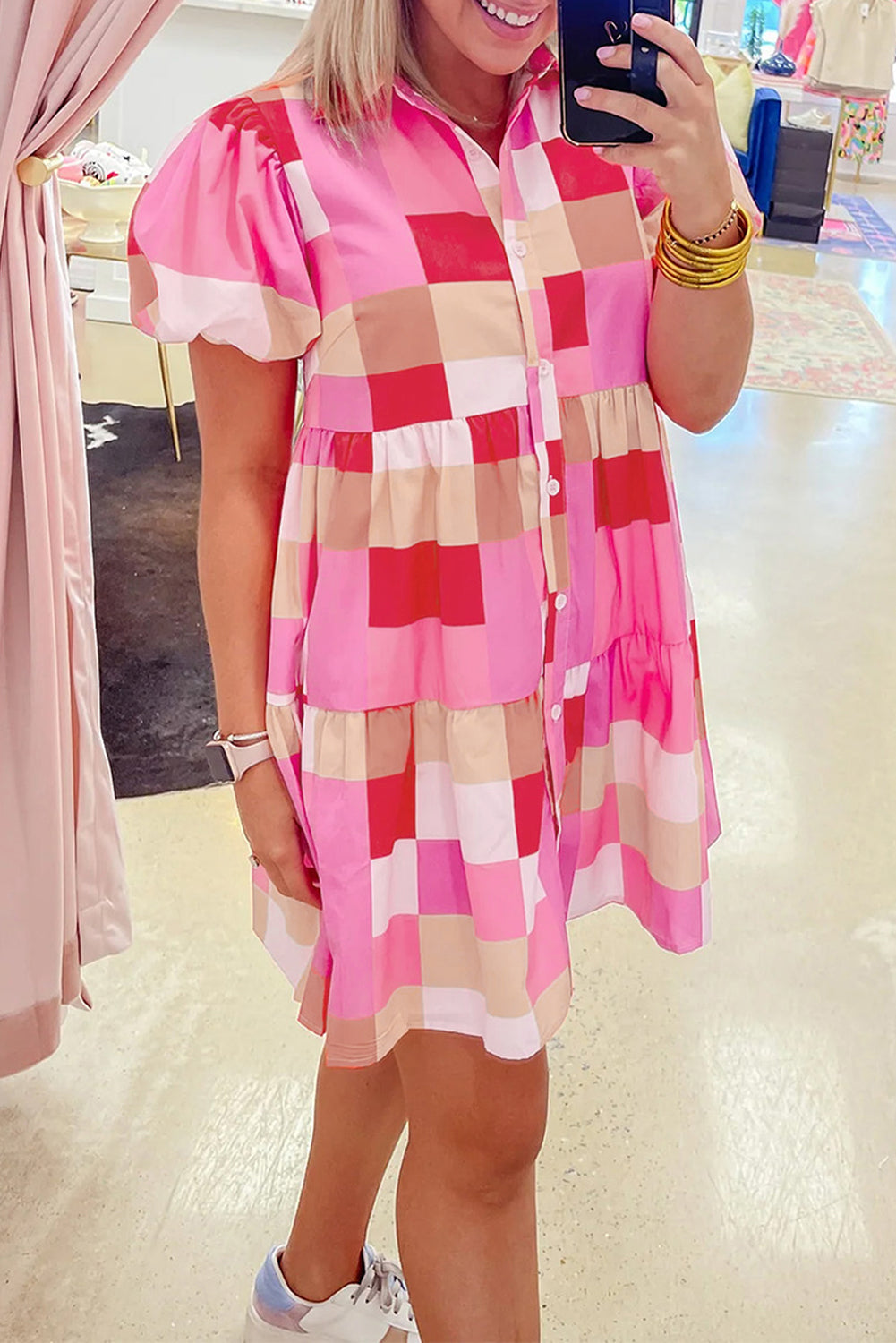 Blue Zone Planet | Pink Plaid Print Puff Sleeve Buttoned Tiered Dress Blue Zone Planet