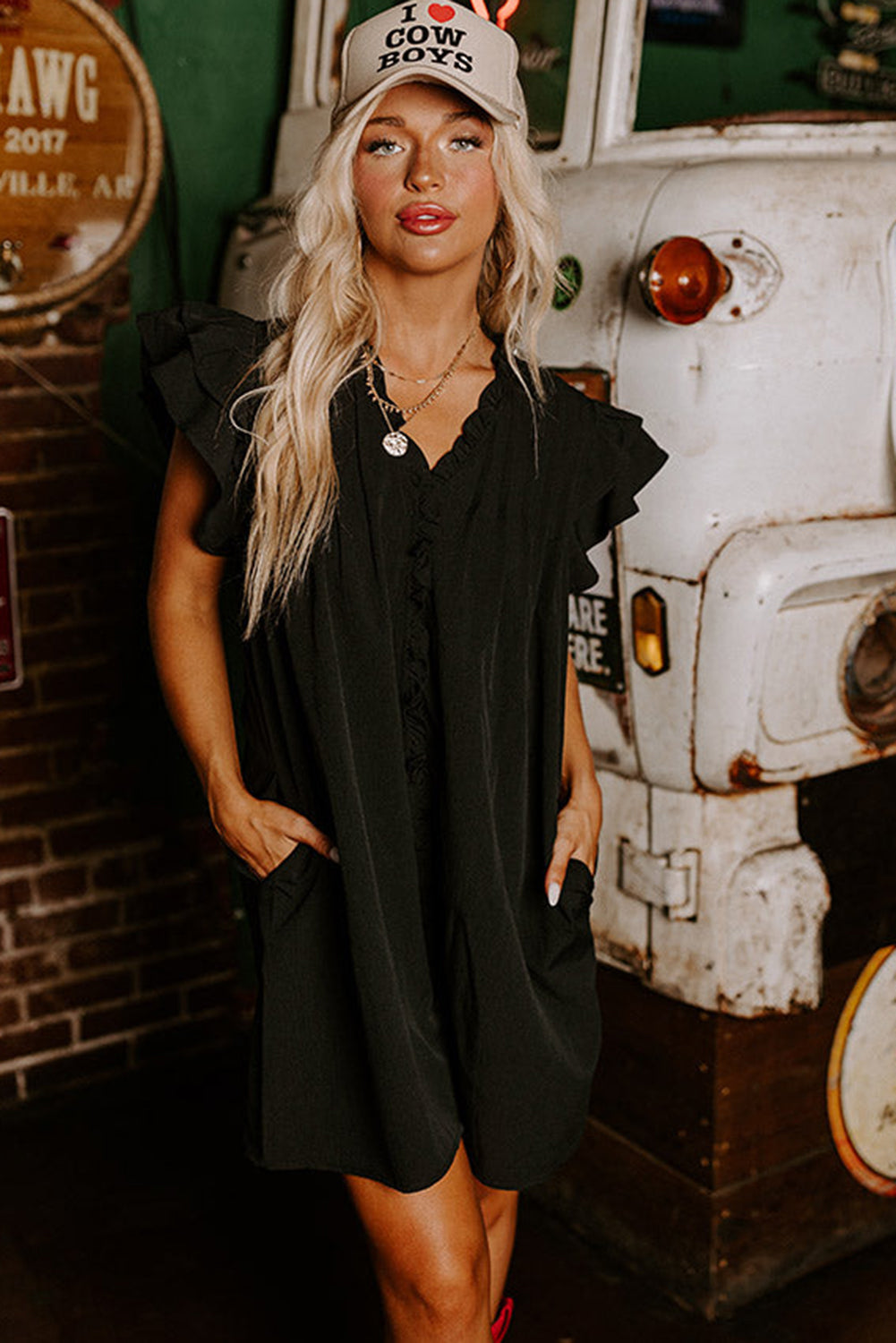 Blue Zone Planet | Black Ruffle Sleeve V Neck Frilled Shift Dress Blue Zone Planet