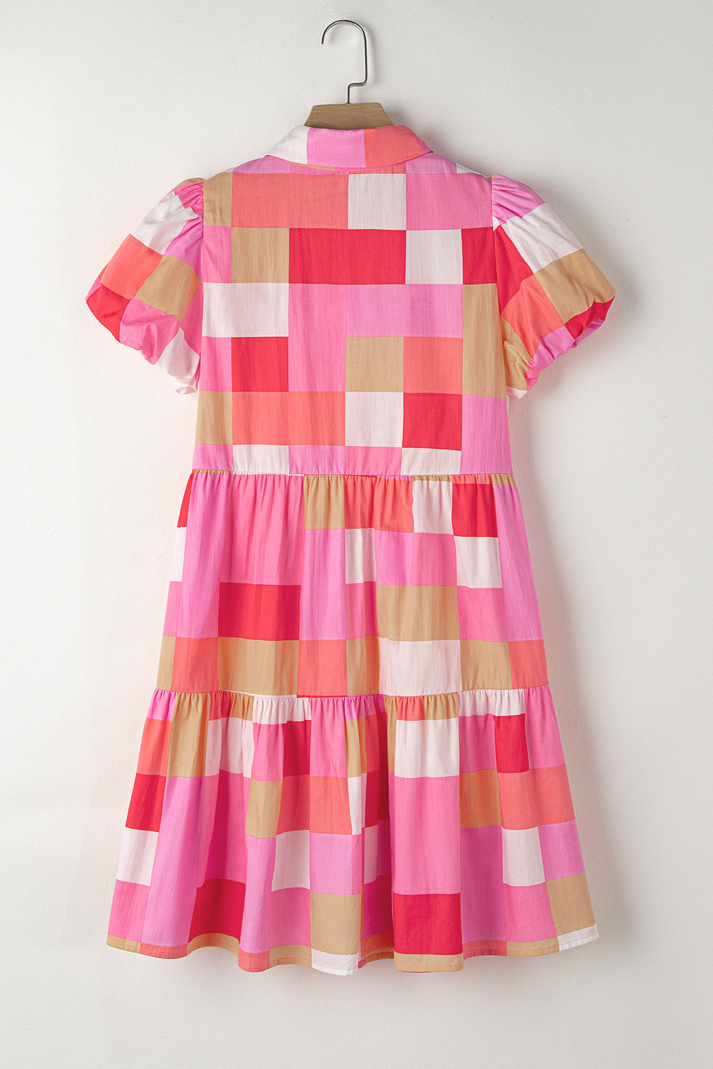 Blue Zone Planet | Pink Plaid Print Puff Sleeve Buttoned Tiered Dress Blue Zone Planet