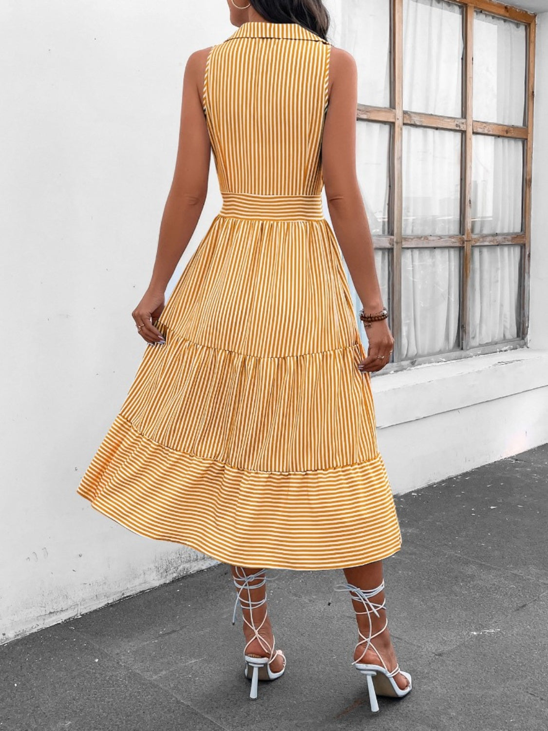 Striped Johnny Collar Sleeveless Midi Dress BLUE ZONE PLANET