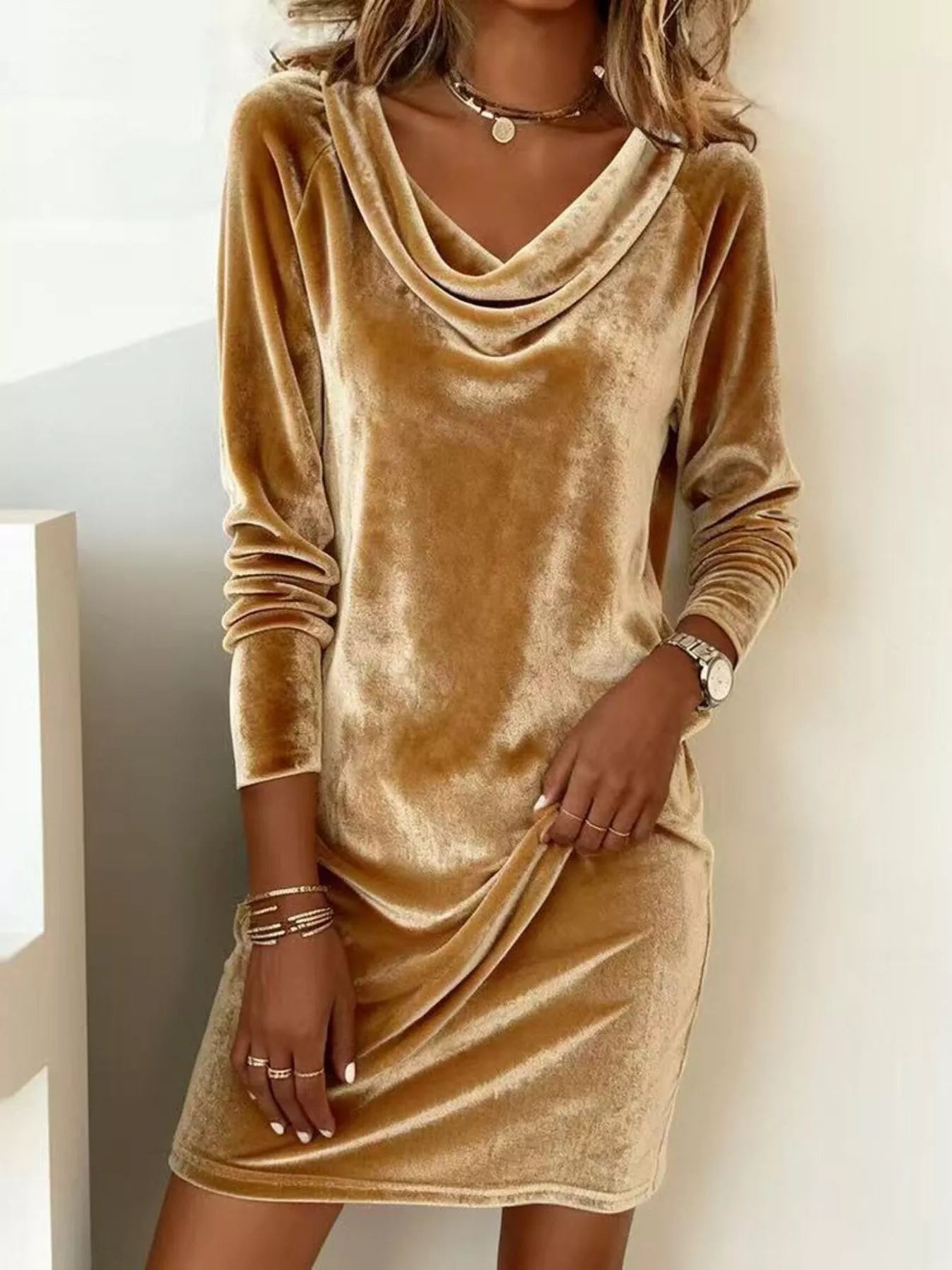 Velvet Cowl Neck Long Sleeve Mini Dress – Blue Zone Planet
