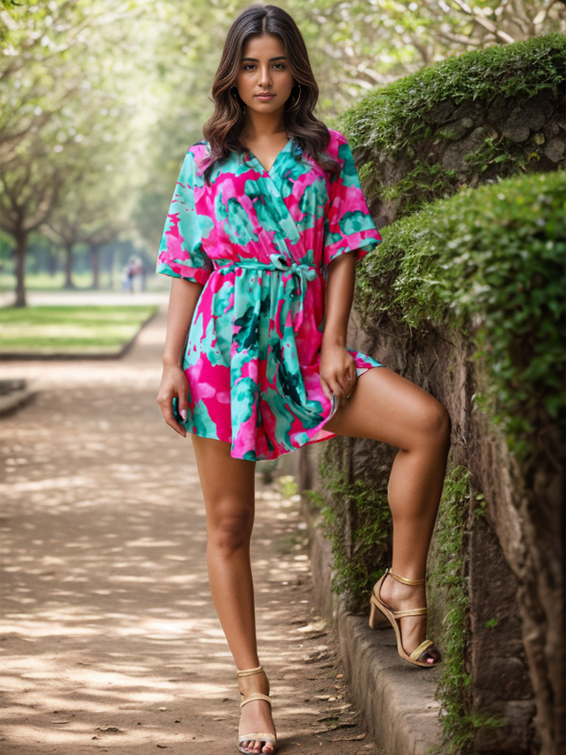Blue Zone Planet | Printed Surplice Half Sleeve Romper BLUE ZONE PLANET