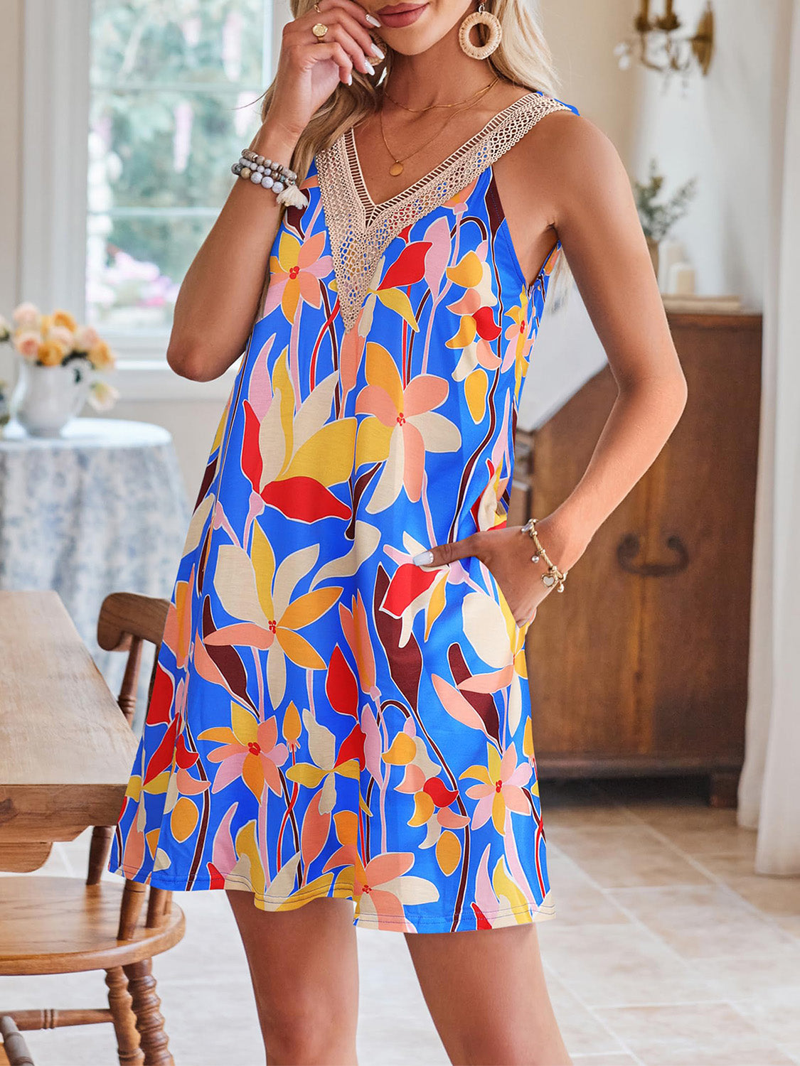 Blue Zone Planet | Lace Detail Printed V-Neck Sleeveless Dress BLUE ZONE PLANET