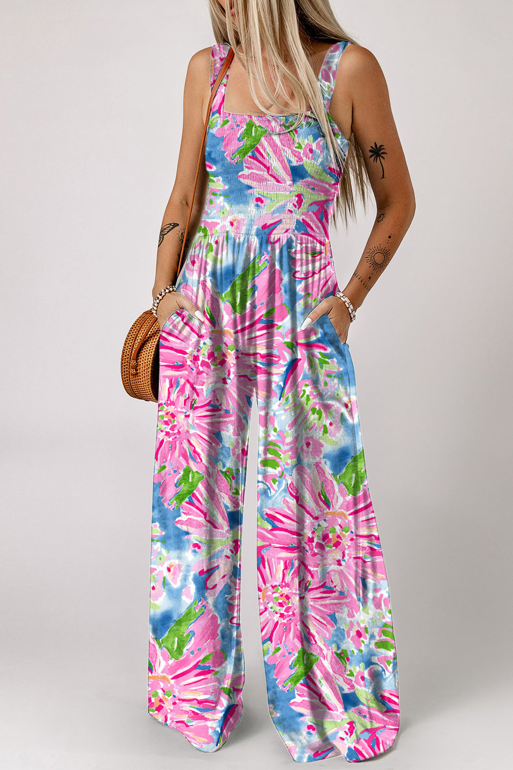 Pink Abstract Floral Painting Smocked Wide Leg Jumpsuit Blue Zone Planet