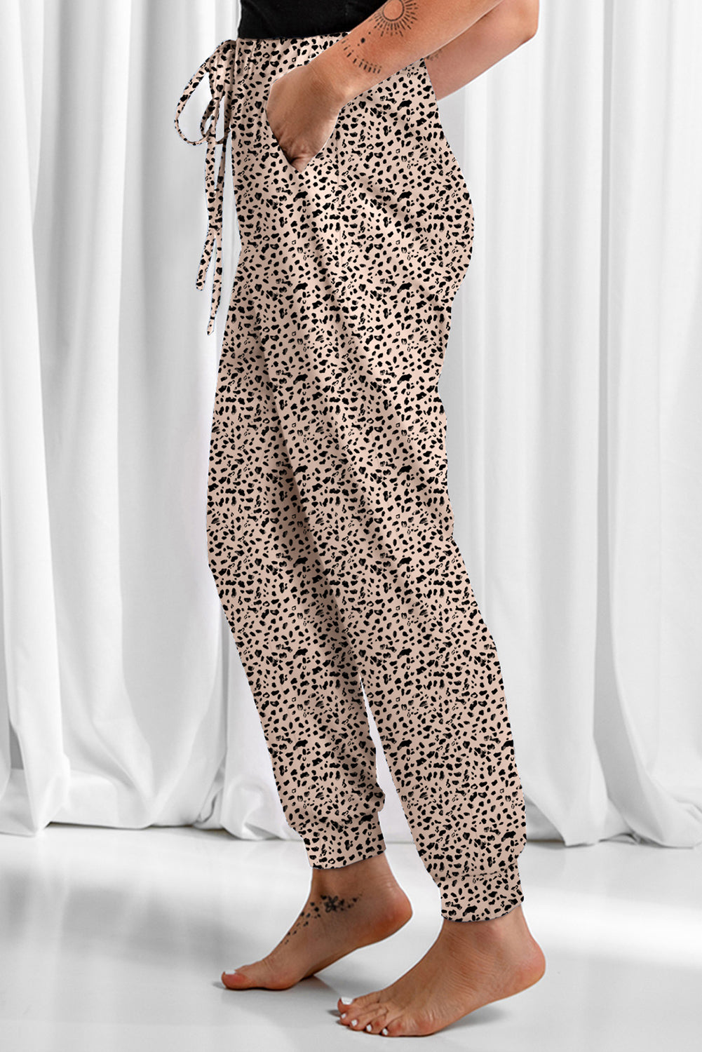Khaki Leopard Elastic Waist Casual Joggers