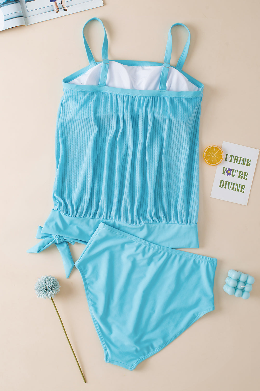 Turquoise Striped Mesh Knotted Hem Tankini Swimsuit Blue Zone Planet