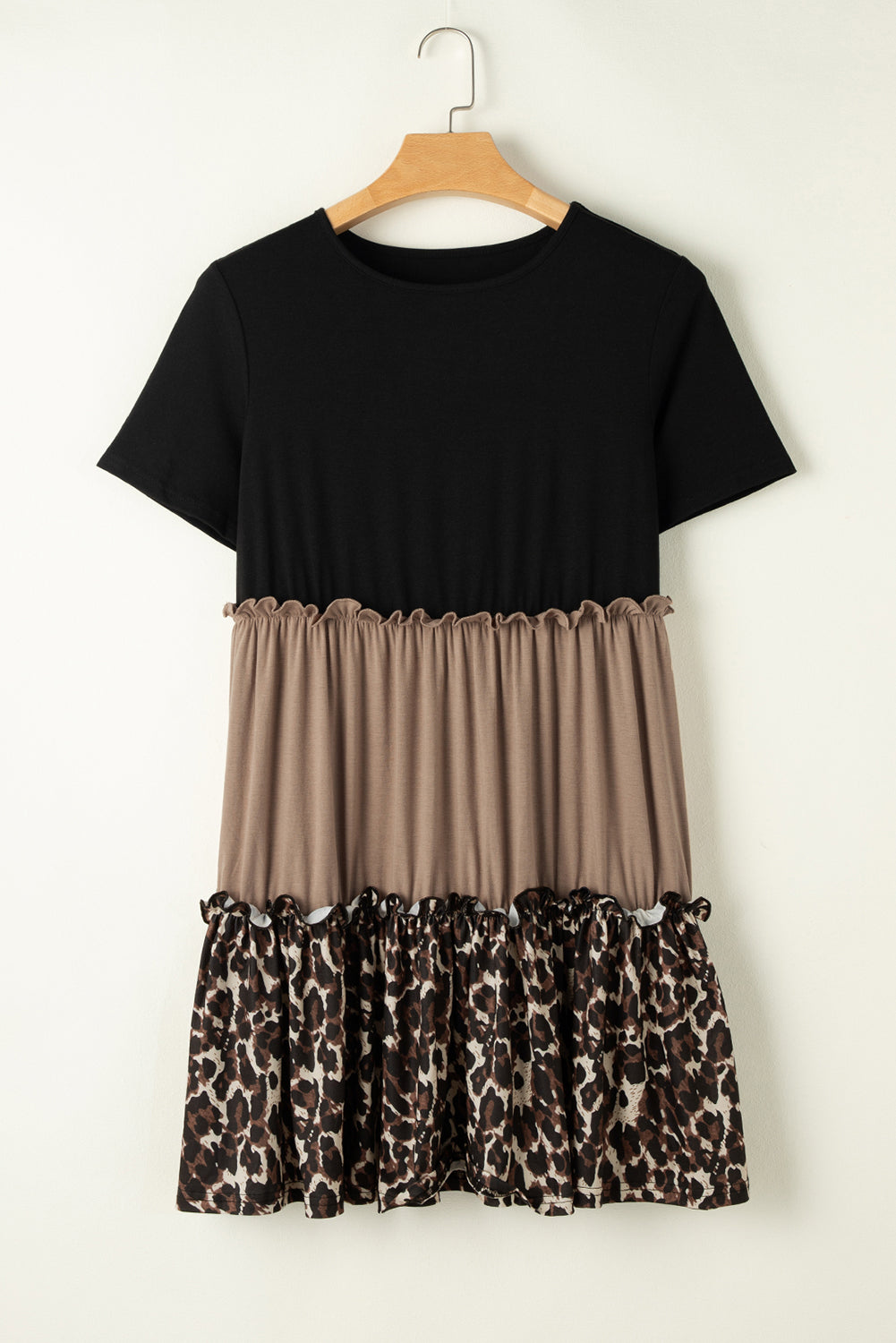 Light French Beige Leopard Print Colorblock Frill Trim T-shirt Dress Blue Zone Planet