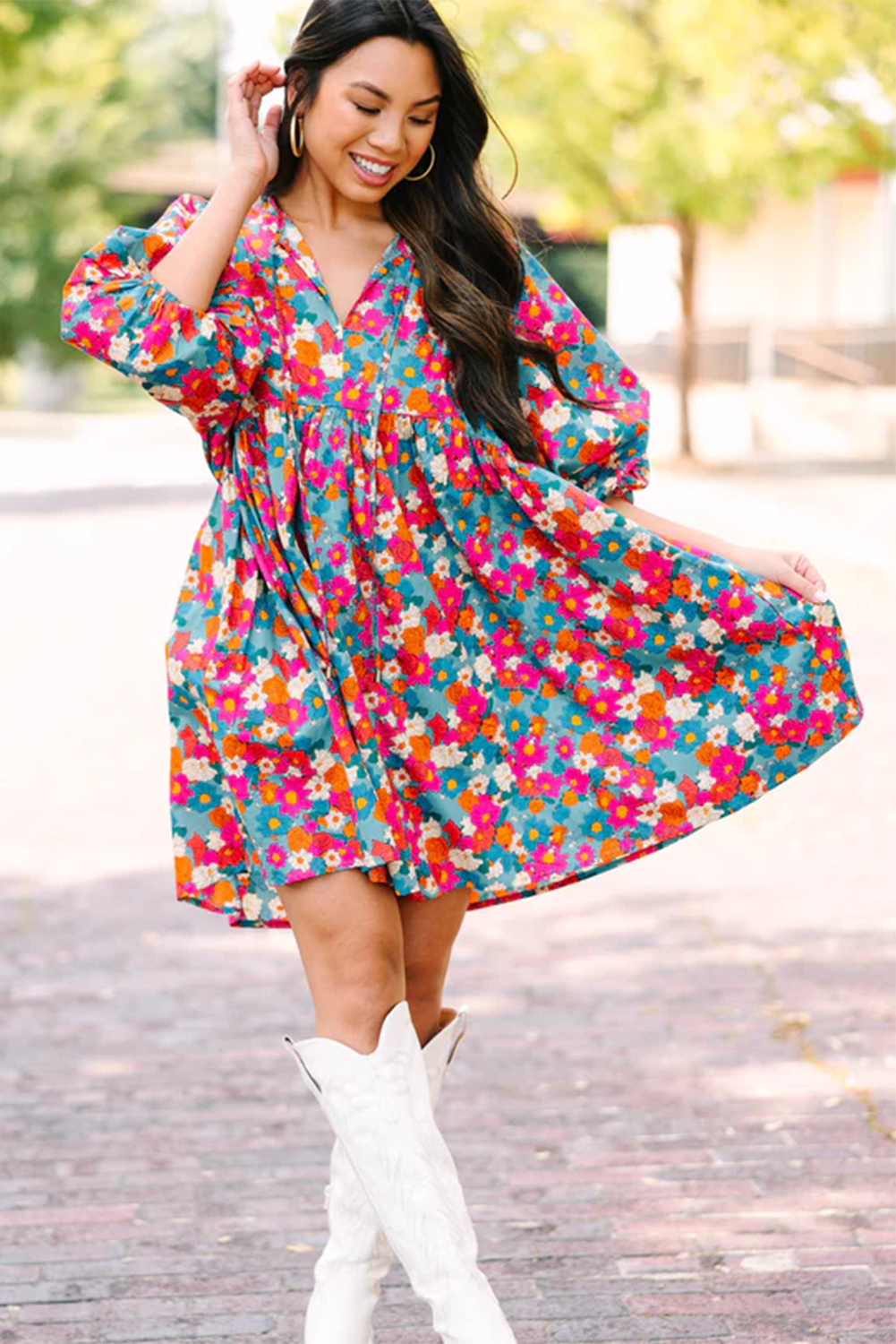Blue Zone Planet | Sky Blue Floral Print Tie Split Neck Bubble Sleeve Babydoll Dress Blue Zone Planet