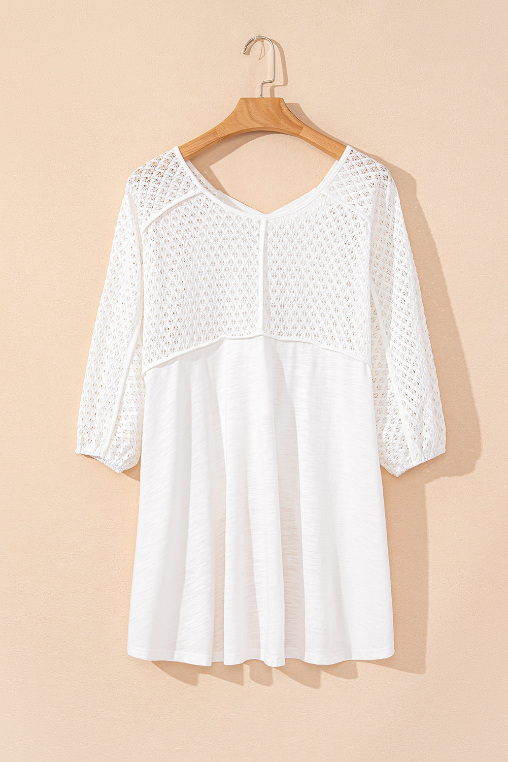 White Eyelet Patchwork High Low Hem V Neck Oversized Top