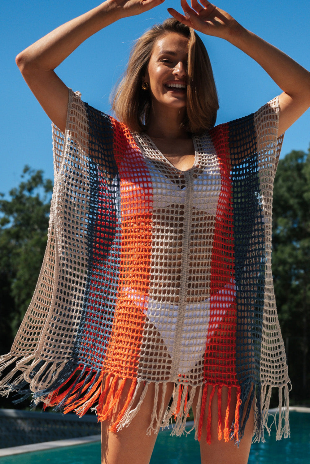 Blue Zone Planet | Multicolor Striped Tassel Crochet V Neck Beach Cover Up Blue Zone Planet