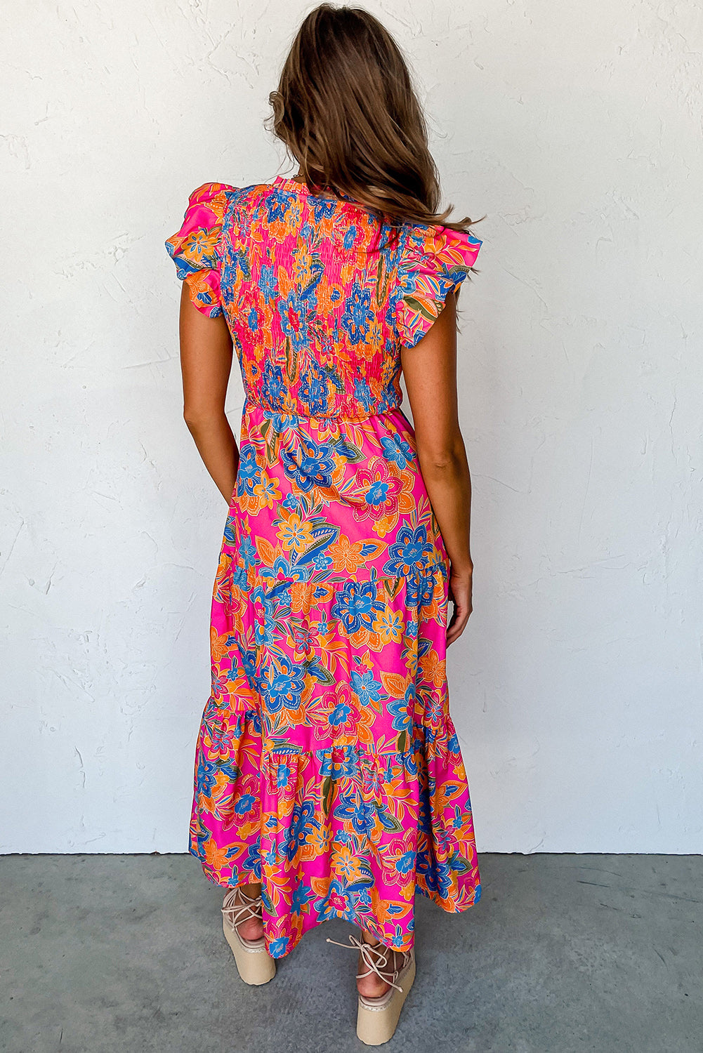 Blue Zone Planet | Dark Blue Boho Floral V Neck Ruffle Tiered Long Dress Blue Zone Planet