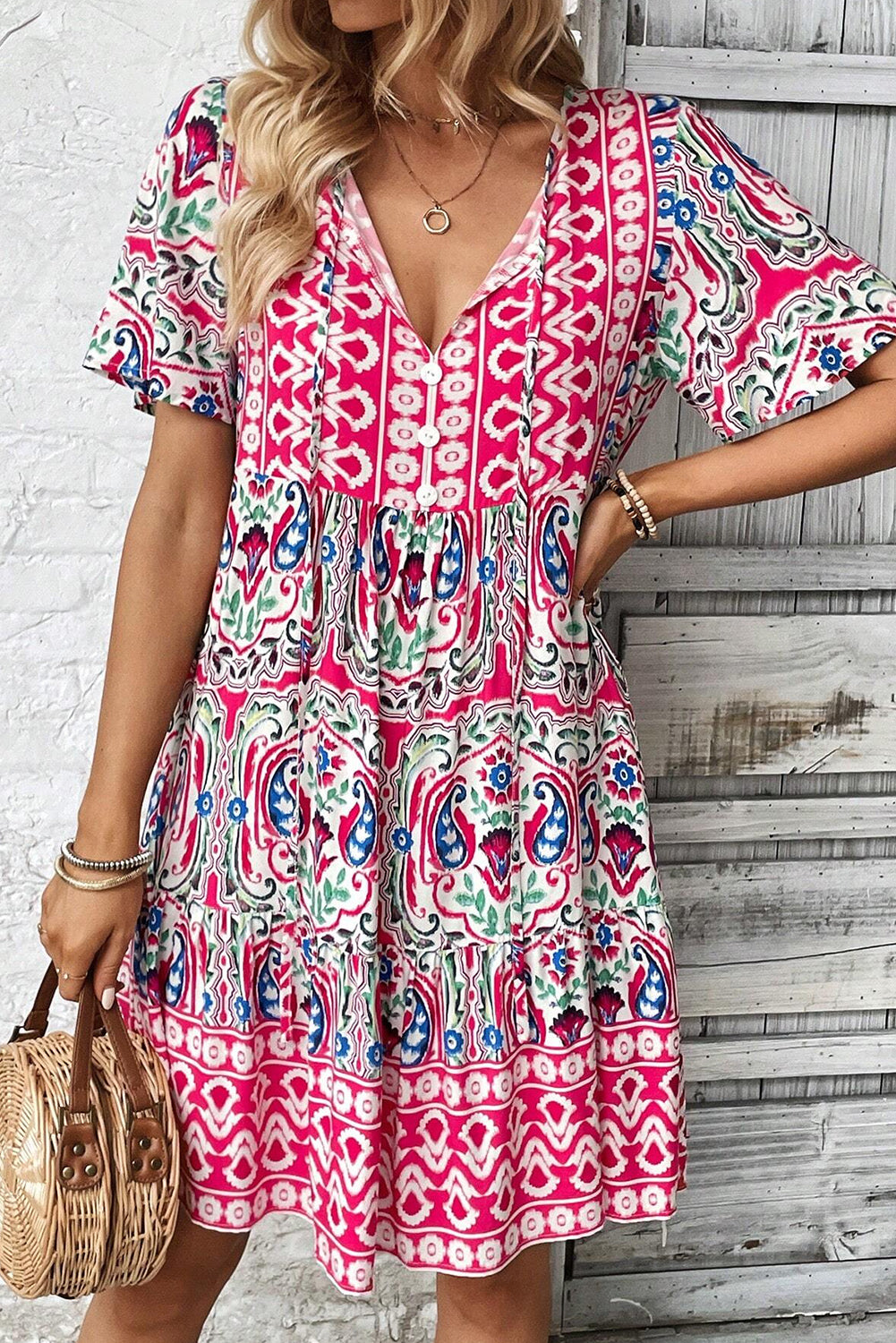 Blue Zone Planet | Pink Bohemian Print Tie Neck Ruffle Hem Short Dress Blue Zone Planet