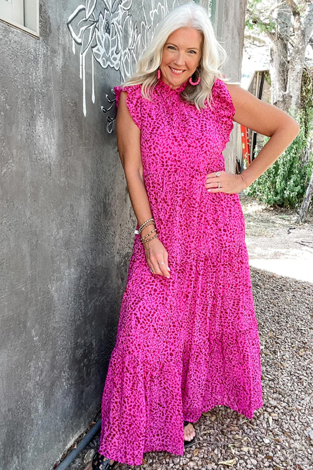 Blue Zone Planet | Rose Red Leopard Print Ruffled Trim Tiered Maxi Dress Blue Zone Planet