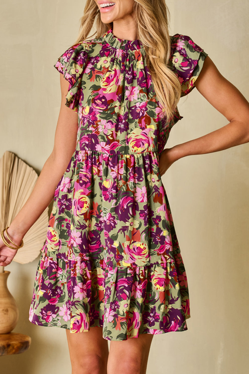 Blue Zone Planet | Green Floral Print Ruched Flutter Sleeve Frilled Neck Mini Dress Blue Zone Planet