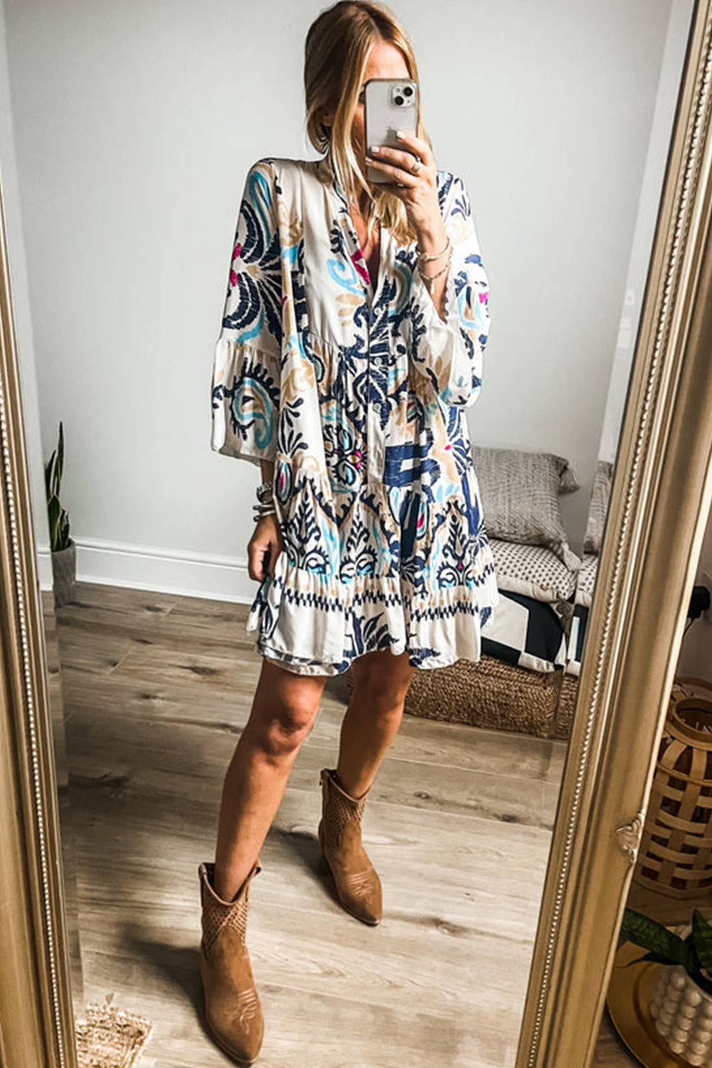 Blue Zone Planet | White Printed Tribal Print Bracelet Sleeve Buttoned Mini Dress Blue Zone Planet
