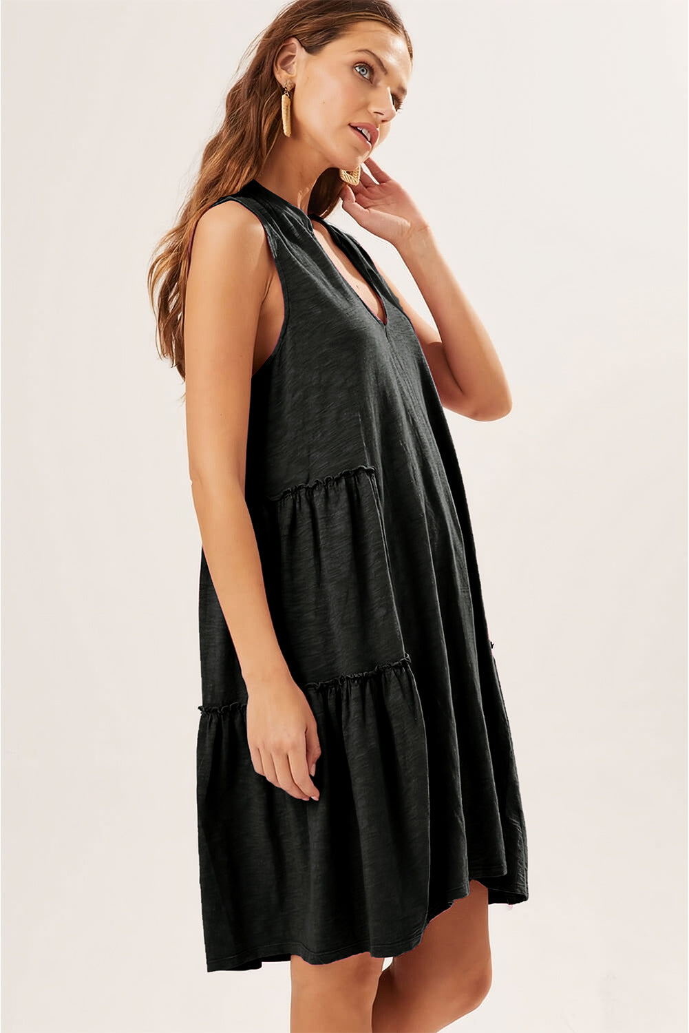Blue Zone Planet | Moonlight Jade Split V Neck Tiered Flowy Sleeveless Dress Blue Zone Planet
