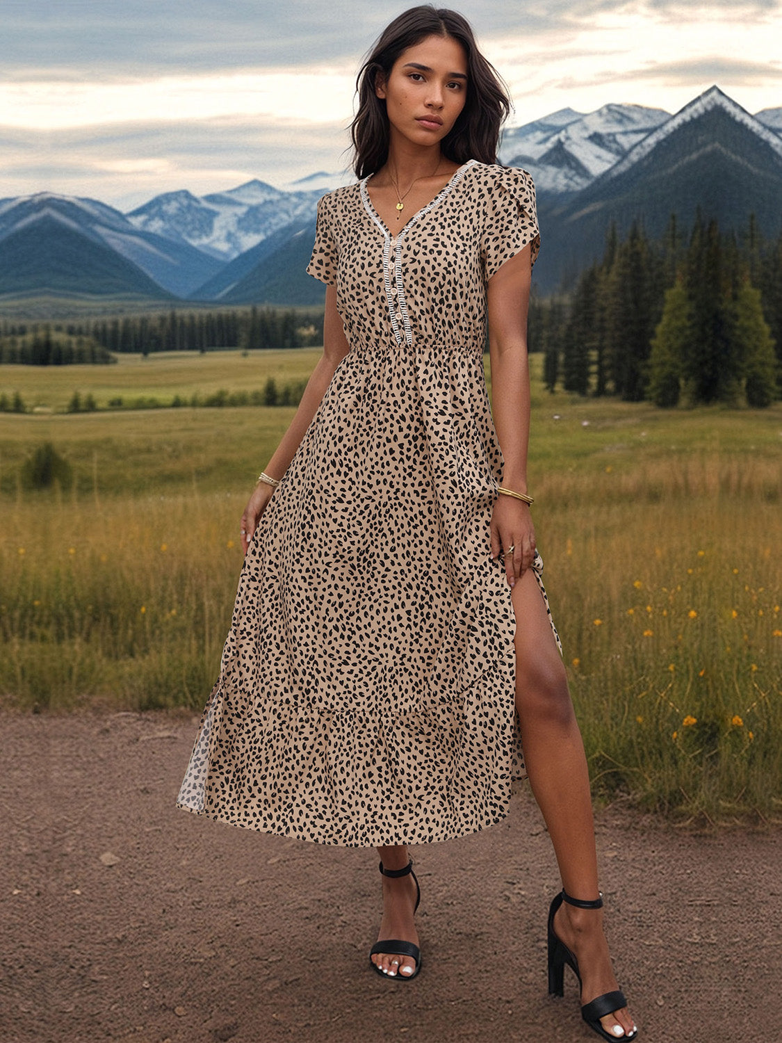 Blue Zone Planet | Slit Printed V-Neck Short Sleeve Dress BLUE ZONE PLANET