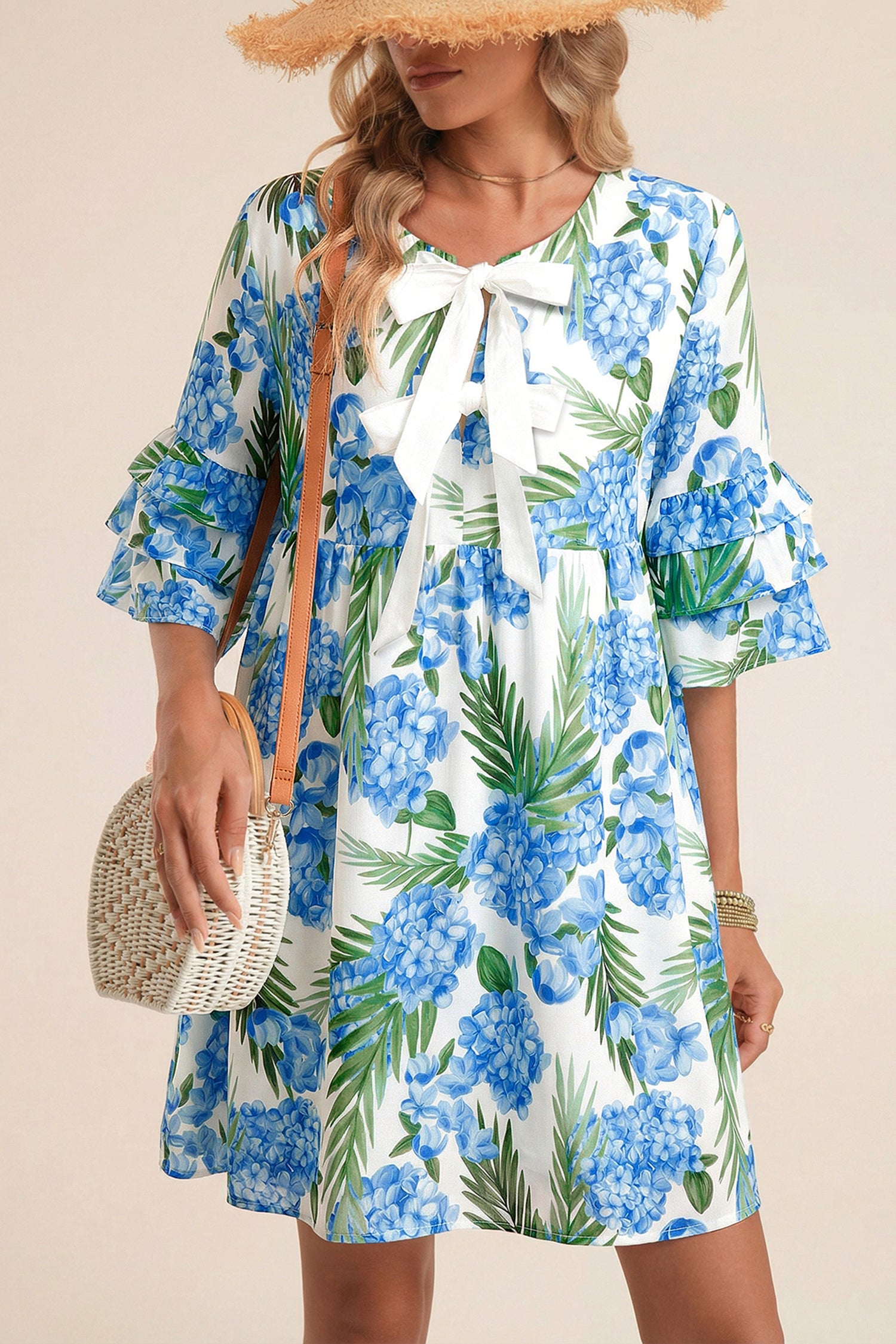 Sky Blue Palm Floral Print Contrast Ribbon Knot Ruffle Tiered Sleeve Mini Dress Sky Blue / XL / 100%Polyester by Blue Zone Planet Sky Blue Palm Floral Print Contrast Ribbon Knot Ruffle Tiered Sleeve Mini Dress Sky Blue / XL / 100%Polyester by Blue Zone Planet