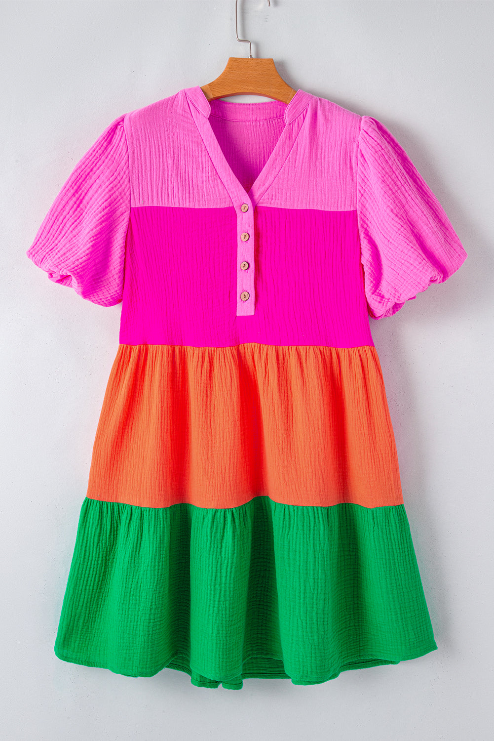 Blue Zone Planet | Multicolor Color Block Tiered Puff Sleeve Dress Blue Zone Planet