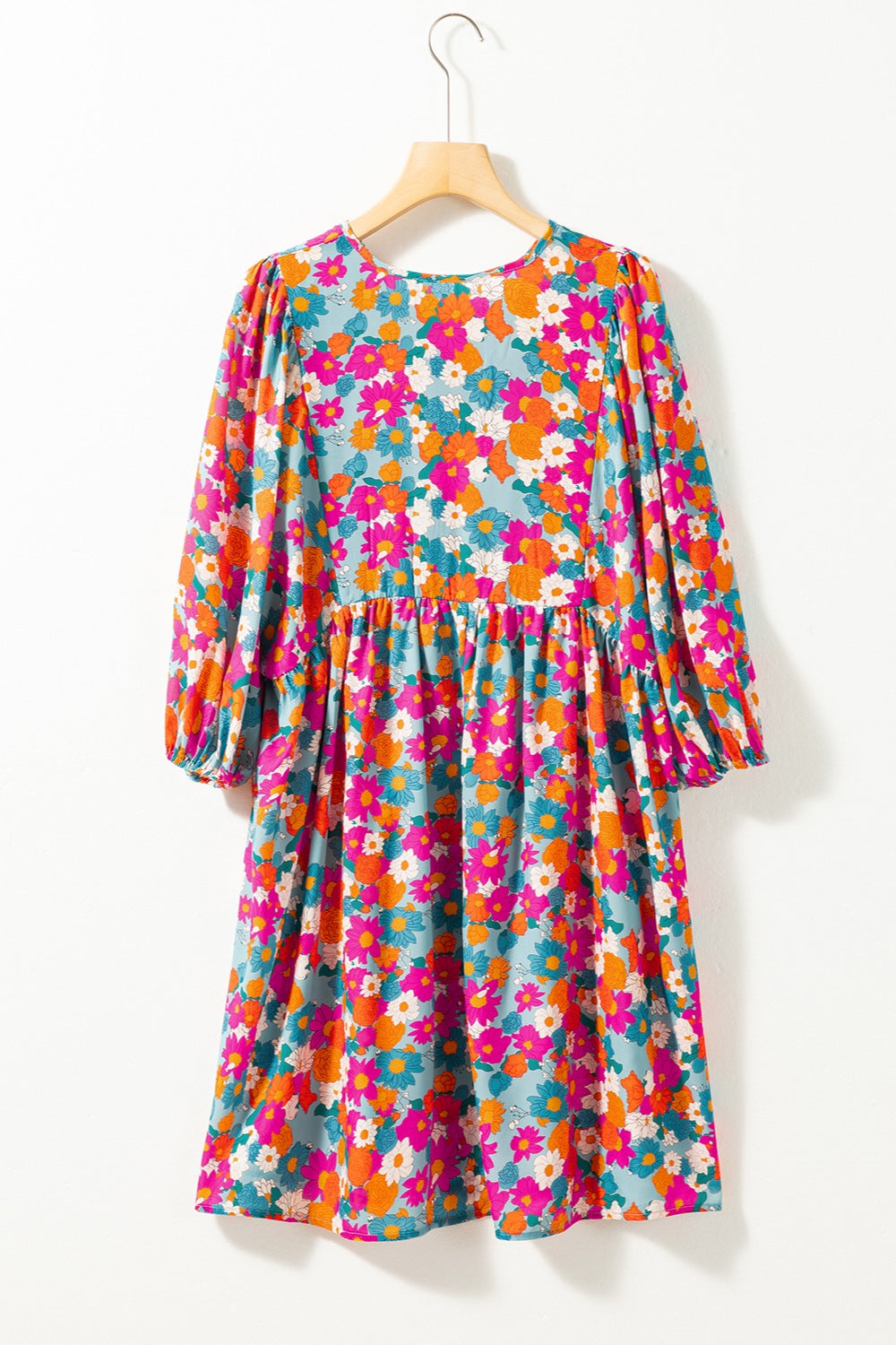 Floral Tie Neck Puff Sleeve Mini Dress BLUE ZONE PLANET