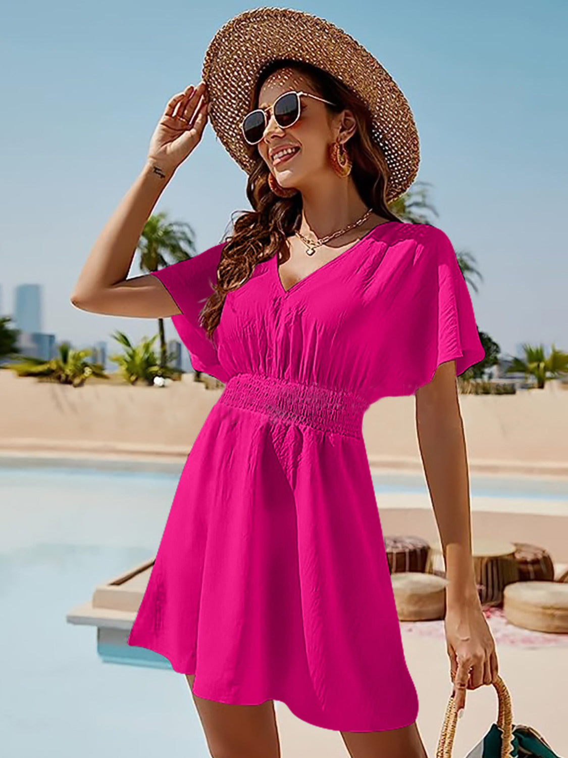 Blue Zone Planet | Ava Elegance's Smocked V-Neck Short Sleeve Mini Dress BLUE ZONE PLANET
