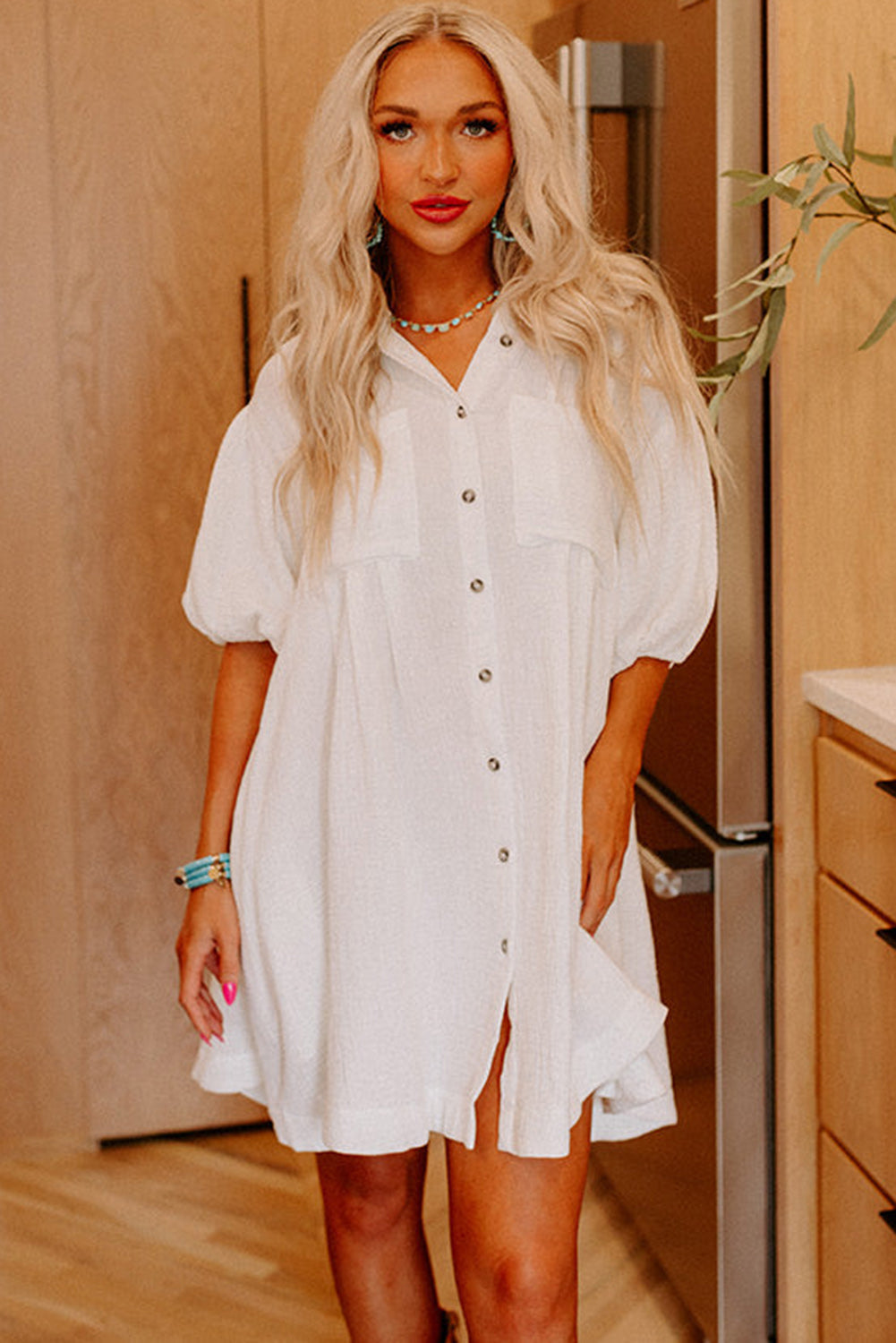 White Half Puff Sleeve Buttoned Shirt Mini Dress Blue Zone Planet