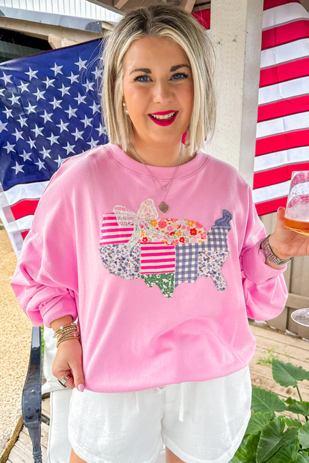 Pink Usa Map Patched Graphic Patriotic Sweatshirt