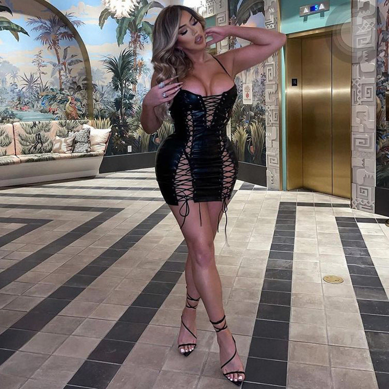 Spaghetti Strap and Rope PU Leather Cutout Mini Party Dress Blue Zone Planet