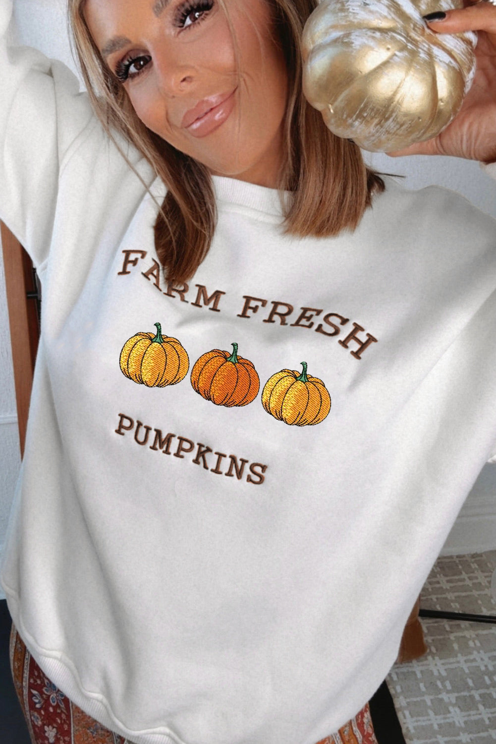 White Farm Fresh Pumpkins Embroidered Graphic Thanksgiving Holiday Sweatshirt
