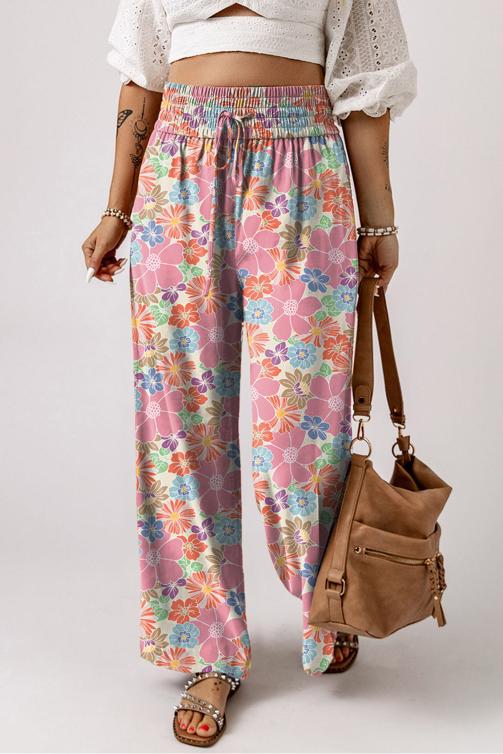 Cecilia's Green Floral Smocked Waist Loose Cotton Pants Blue Zone Planet