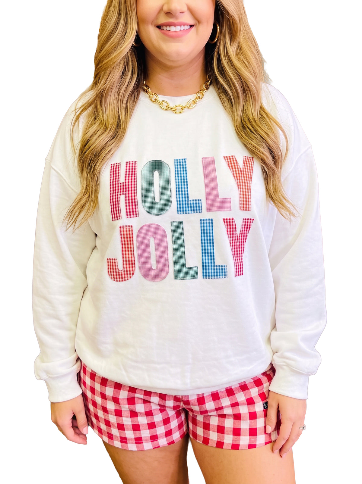 White HOLLY JOLLY Gingham Letter Graphic Plus Size Christmas Sweatshirt