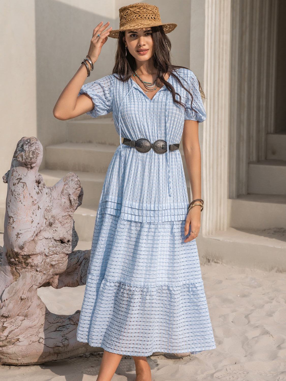 Blue Zone Planet | Tie Neck Balloon Sleeve Tiered Dress BLUE ZONE PLANET