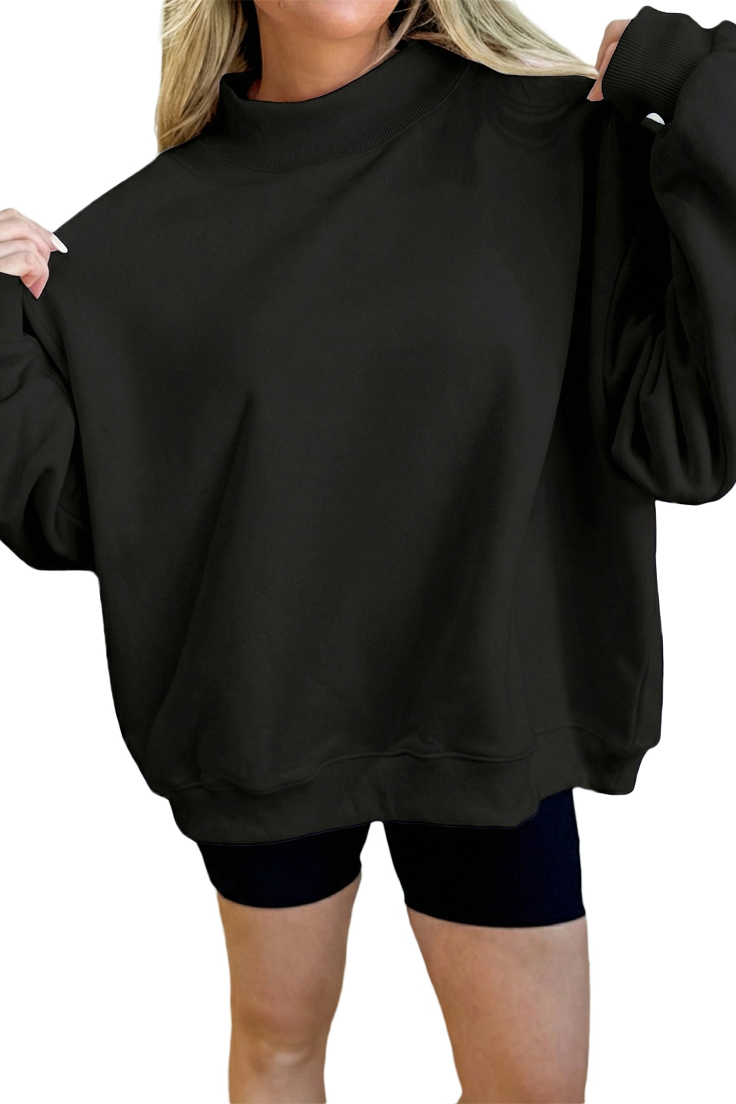 Black Solid Color Oversized Mock Neck Sweatshirt
