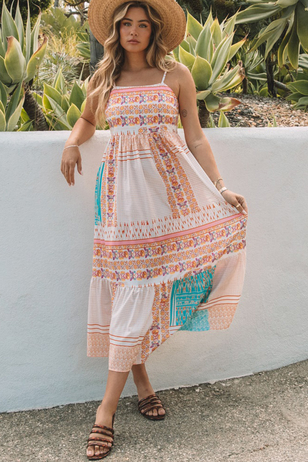 Anna's Multicolor Boho Patchwork Print Square Neck Sundress Blue Zone Planet