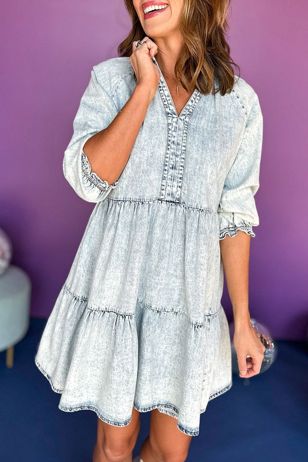 Blue Zone Planet | Dusk Blue Acid Wash Retro Half Sleeve Flared Denim Dress Blue Zone Planet