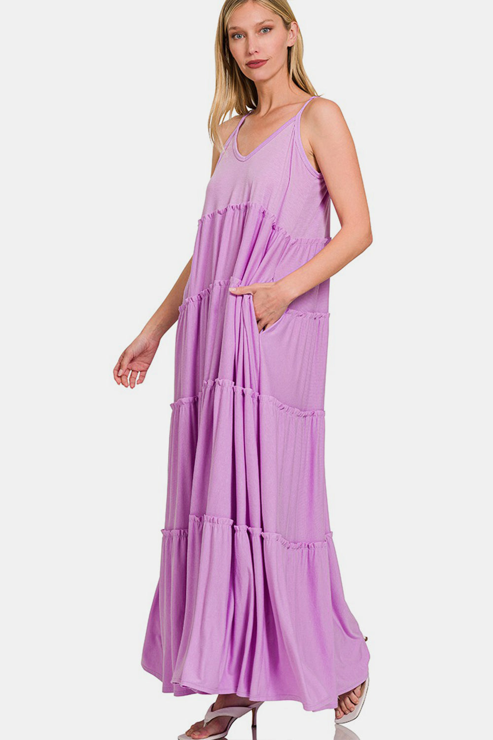 Blue Zone Planet | Zenana Frill Tiered V-Neck Maxi Cami Dress BLUE ZONE PLANET