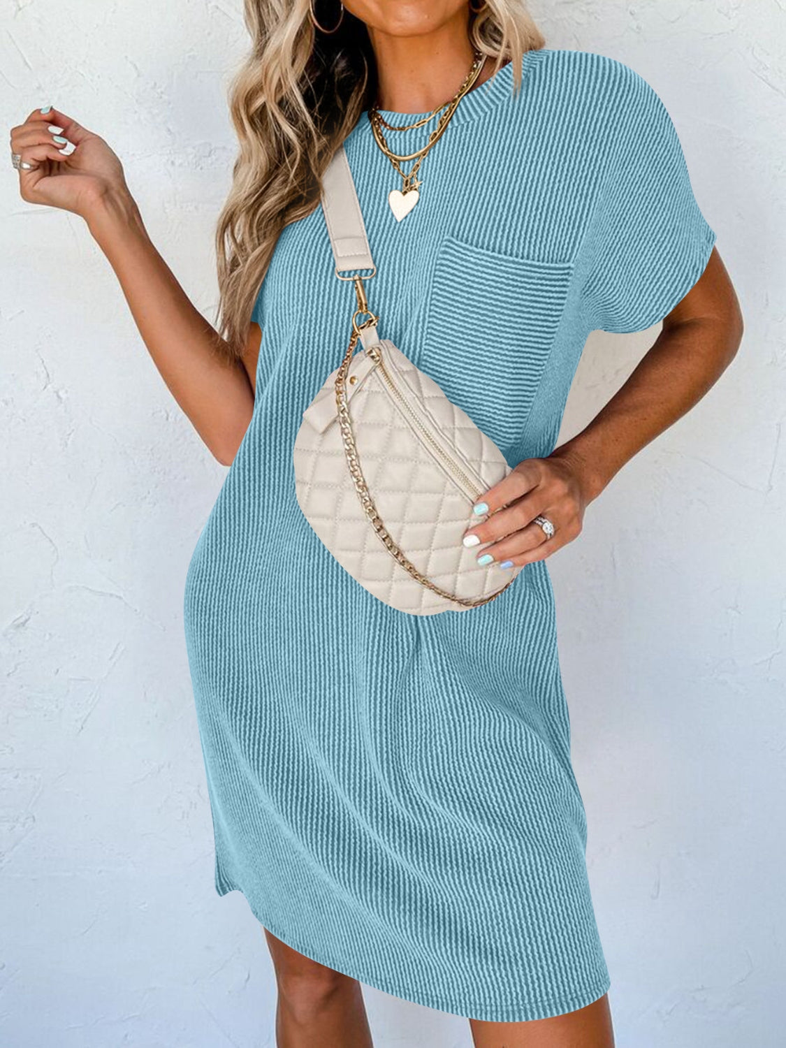 Round Neck Short Sleeve Mini Dress BLUE ZONE PLANET