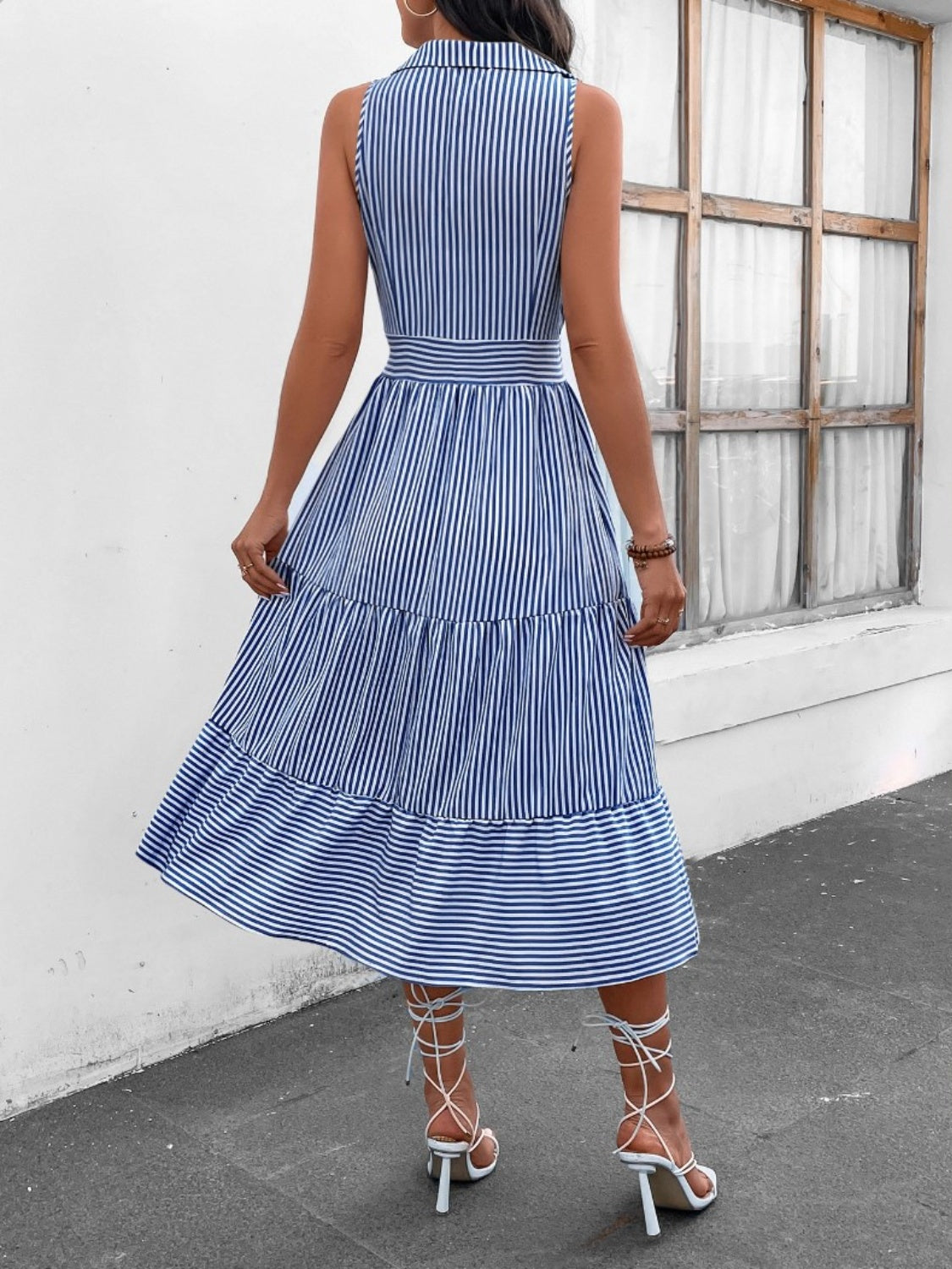Striped Johnny Collar Sleeveless Midi Dress BLUE ZONE PLANET
