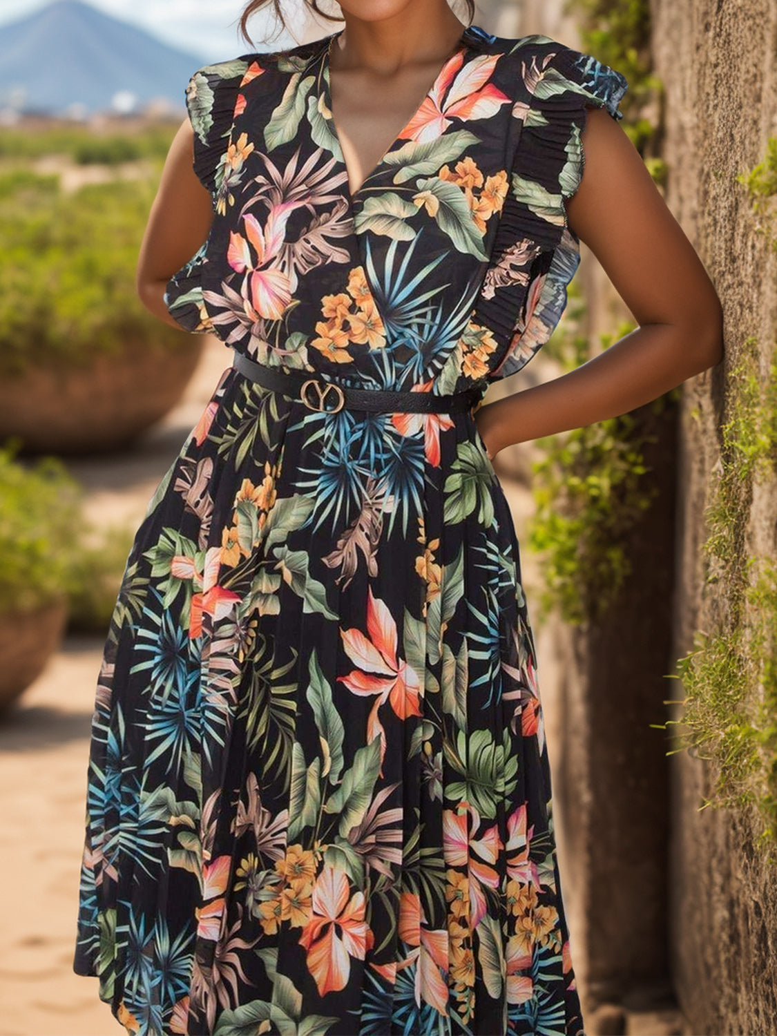 Blue Zone Planet | Ruffled Printed Surplice Cap Sleeve Dress BLUE ZONE PLANET