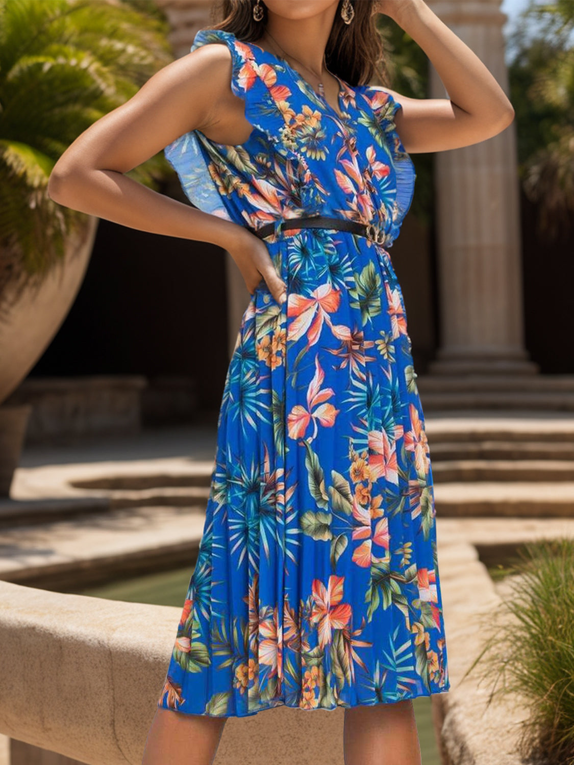 Blue Zone Planet | Ruffled Printed Surplice Cap Sleeve Dress BLUE ZONE PLANET