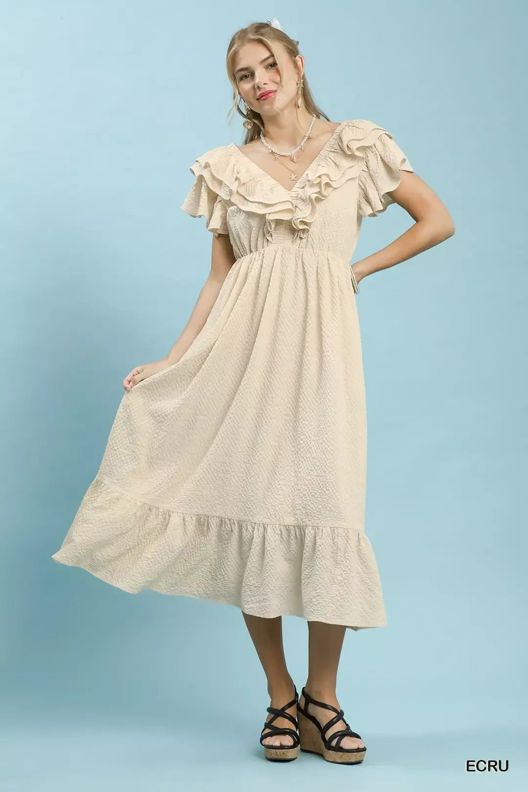 Umgee Textured Ruffle Midi Dress in ECRU ECRU / S Umgee Textured Ruffle Midi Dress in ECRU ECRU / S
