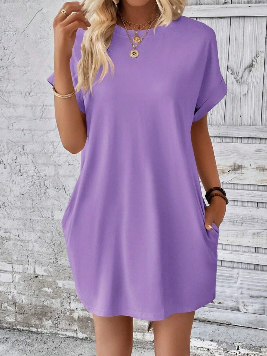 Pocketed Round Neck Short Sleeve Dress BLUE ZONE PLANET